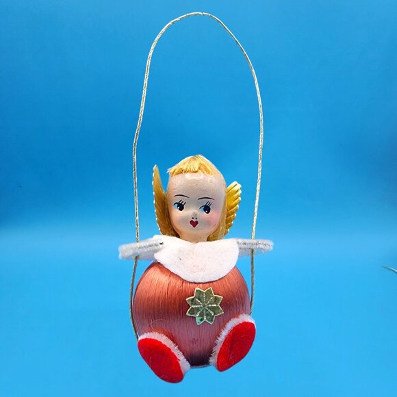 Vintage 1960s Satin Ball Angel Ornament Foil Wings Spun Cotton Composite Face v4 - Picture 3 of 9